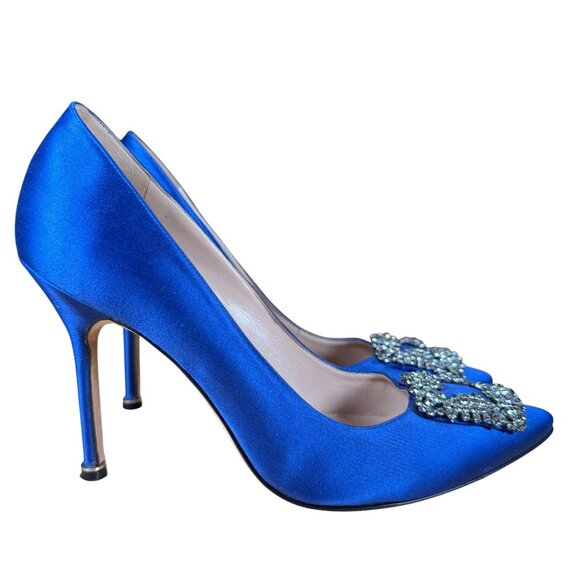 Manolo Blahnik Hangisi Iconic Blue Satin Crystal Jeweled Pumps Heels Size 39 - Picture 5 of 13